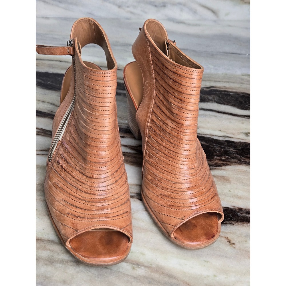 Paul Green Tan Leather Ribbed Peep Toe Slingback Booties Zip Stacked Heel 6.5